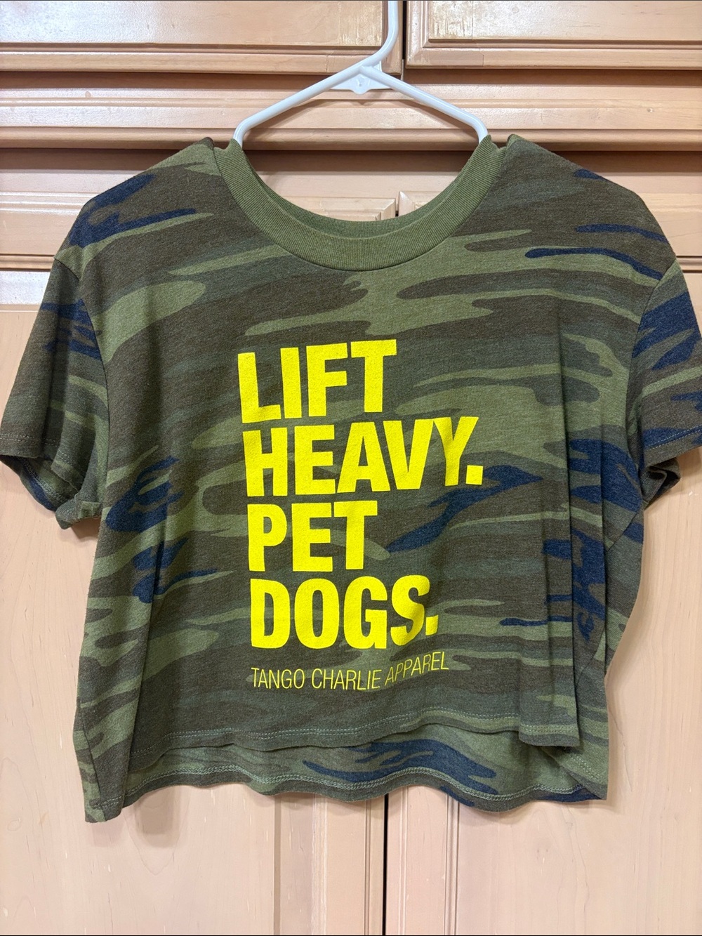 'Lift Heavy. Pet Dogs.' Camo Green Dog T-Shirt